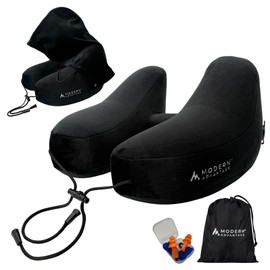 Modern Advantage Inflatable Travel Pillow for Airplanes – Hooded Neck Pillow with Adjustable Support – Comfortable, Compact & Travel-Friendly – Perfect for Sleeping on Long Flights (Black)