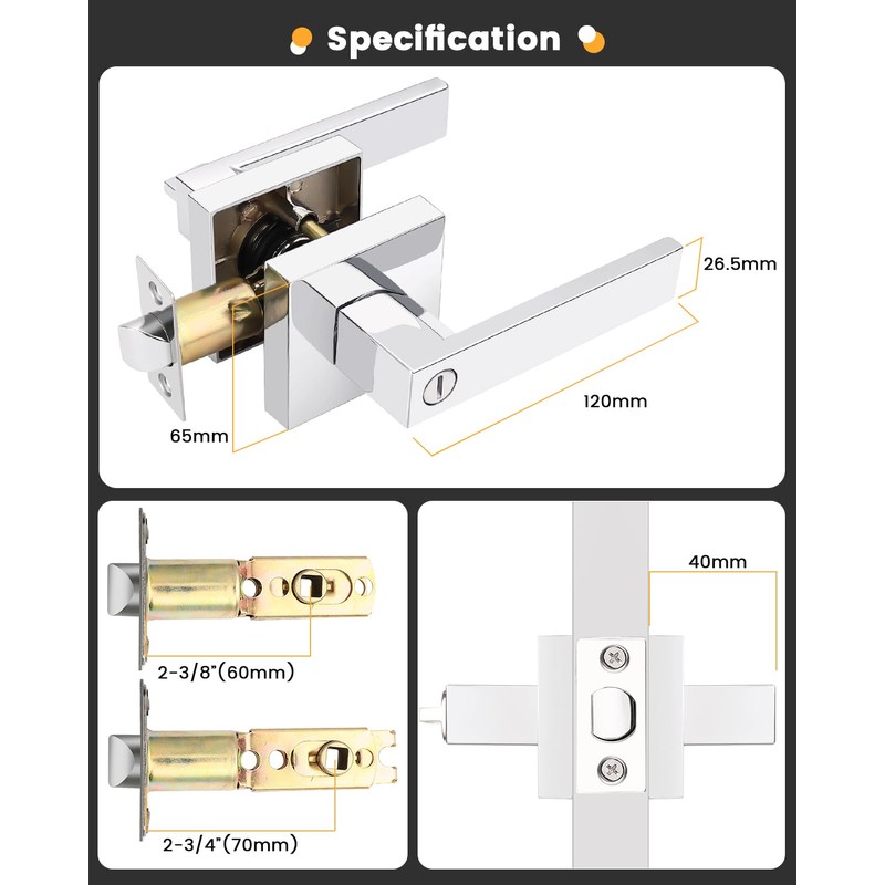 Gobrico Polished Chrome Bed/Bath Levers Square Privacy Locks 5 Pack