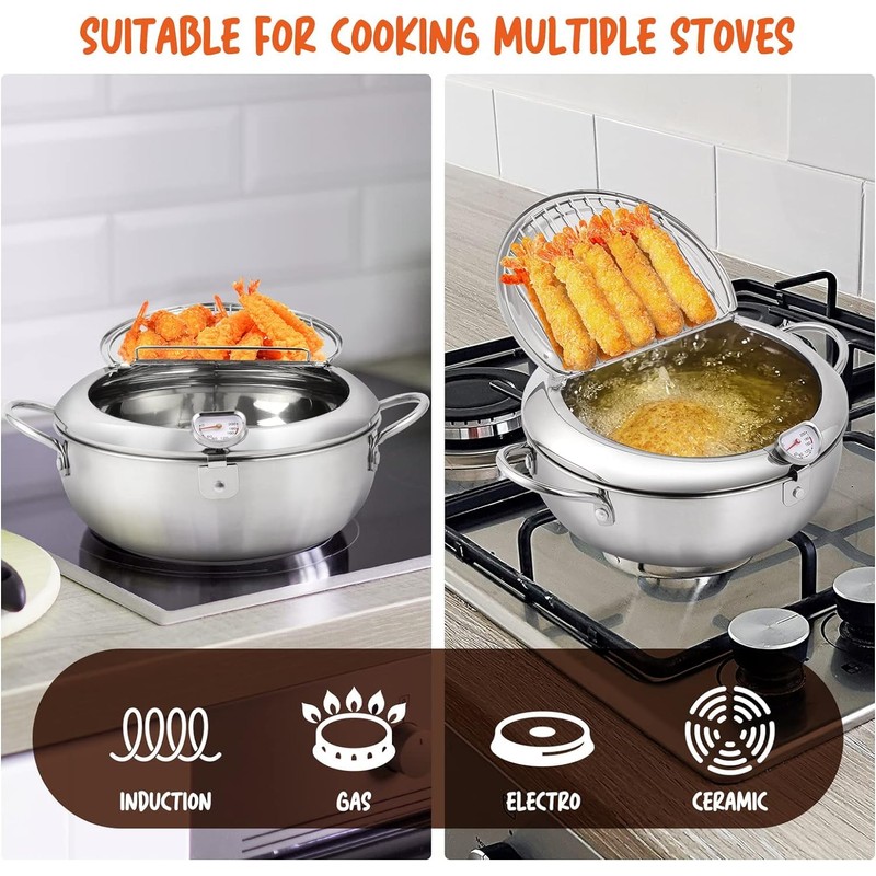 Deep Fryer Pot,Oxydrily Japanese Tempura Deep Fryer Stainless Steel Frying