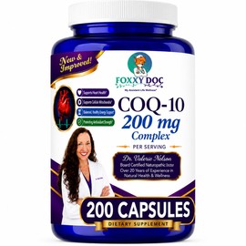 Foxxy Doc CoQ10 - Coenzima Q10 - 200 mg - Sin OMG - Suplemento para el corazón, cerebro y células - 200 cápsulas
