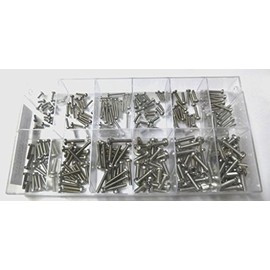 Assortment box with 240 pieces small raised head screws according to DIN 7985 made of stainless steel A2 (M2, M2.5, M3 and M4), PH cross slot, pan head. Mini screws assortment including labelled box