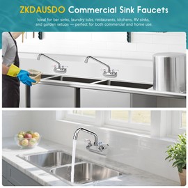 ZKDAUSDO Commercial Sink Faucet 12" Swivel Spout, Wall Mount Kitchen Hand Sink Faucet with 4 Inch Center, 1/2" NPT Male Inlet, Brass Constructed & Chrome Polished, Dual Lever Handles