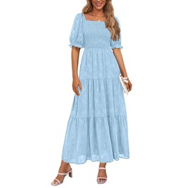 PRETTYGARDEN Women's 2025 Summer Casual Midi Dresses Square Neck Short Sleeve Smocked A Line Floral Flowy Elegant Boho Dress (Light Blue,Small)