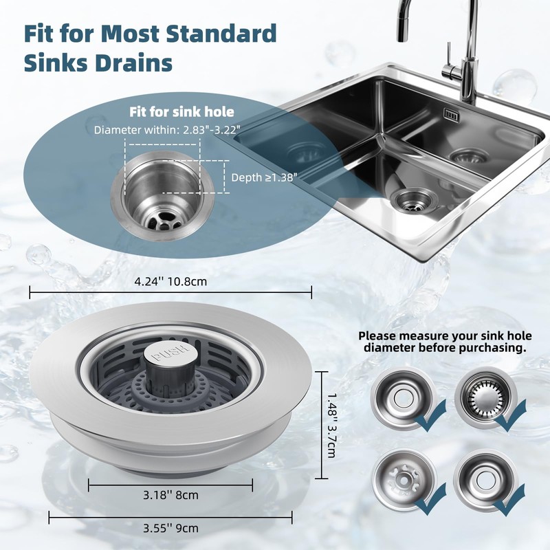 Hibbent Upgraded 3 in 1 Kitchen Sink Drain Strainer, Stainless