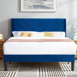 VECELO Full Size Upholstered Platform Bed Frame with Fabric Headboard,Wooden Slats Support/No Box Spring Needed/Mattress Foundation,Dark Blue