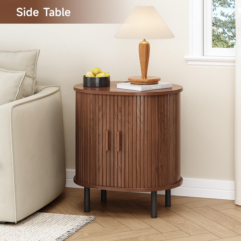 ONBRILL Oval End Table with Storage & Charging Station, Fluted