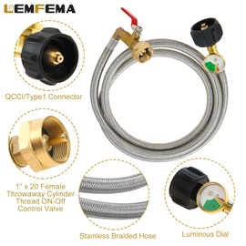 Lemfema Propane Refill Adapter Hose with Gauge, 6 Feet Stainless Steel Extension Propane Refill Hose with ON-Off Valve, 350PSI High Pressure QCC1 Type 1 Inlet for 1LB Propane Gas Tank Bottle