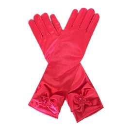 DreamHigh Kids Stretch Satin Long Finger Dress Gloves for Girl Children Party (Red)