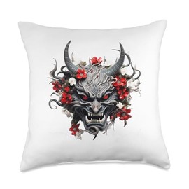 Scary Demon Yokai Oni Mask Japanese Anime Warrior Throw Pillow