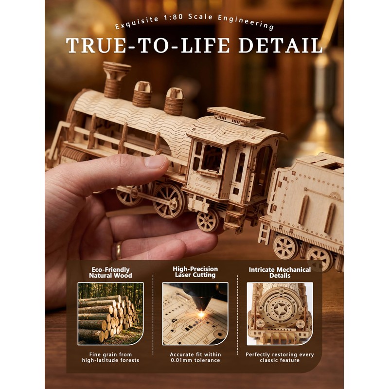 BOOZUU 3D Wooden Steam Train Puzzle for Adults, Build and