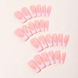 SINSEN French Tip Press on Nails Medium Long Square Shape Fake Nails, Spring Full Cover False Nails Design with 3D Flowers, Cute Square Stick on Nails Art Decoration Kit, 24Pcs