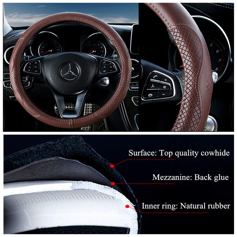 Brown Wheel Cover Cowhide Steering Wheel Cover Brown Leather Car