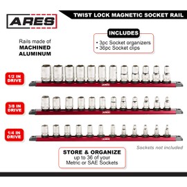 ARES 60171-3-Piece 15.5-Inch Red Twist Lock Magnetic Socket Rail Set - Store 12 Metric or SAE Sockets on Each Rail and Keep Your Tool Box Organized – Magnetic Base for Easy Socket Organization