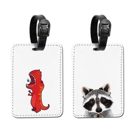 WIRESTER Set of 2 PU Leather Luggage Tag Name Tag Bag Tag for Travel Suitcase Baggage Luggage - Red T-Rex Dinosaur, Raccoon