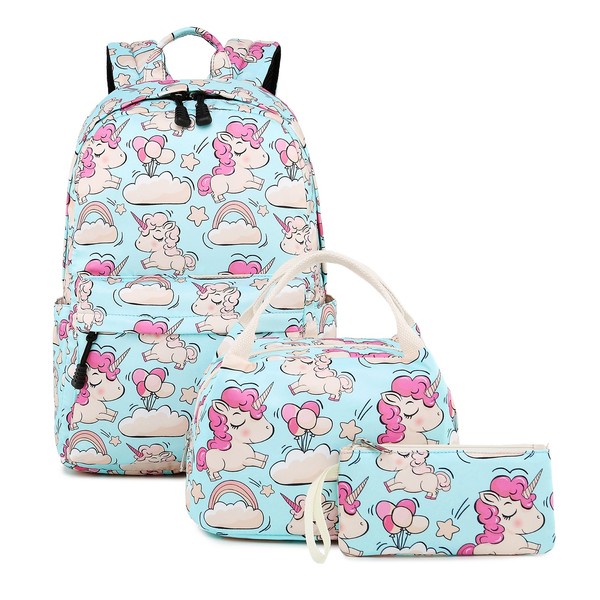 abshoo Cute Lightweight Unicorn Backpacks With Lunch Box For Girls School Bags Kids Bookbags (Unicorn Sky Blue Set) Medium