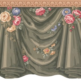 CONCORD WALLCOVERINGS ™ Wallpaper Border Vintage Pattern Curtains Flowers for Bedroom Living Room, Green Beige Pink Blue, 15 ft by 12.5 in SF76144B