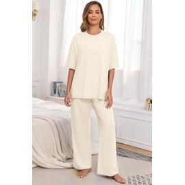 PrinStory Lounge Sets for Women 2 Piece Pajamas Sets Woman Soft Pjs Ladies Comfy Pajama with Pockets Beige-L