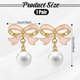 Piriuuo Pearl Bow Earrings for Women, Pink Drop Earrings Trendy Ribbon Dangle Bowknot Earrings Cute Small Bow Earrings Valentines Day Wedding Party Daily Jewelry Gifts