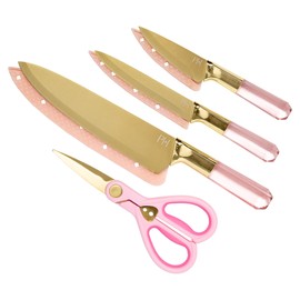 Paris Hilton Stainless Steel Knife Set with Jewel Shaped Handles and Gold Blades, Iconic Cutlery Set, 4-Piece, Pink