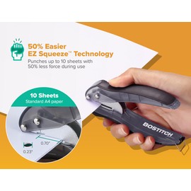 Bostitch EZ Squeeze One-Hole Punch, 10-Sheet Capacity, Black, Red, Blue 3 Pack