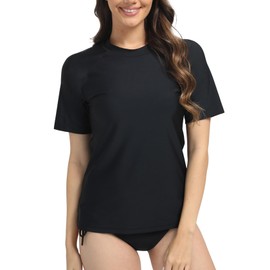 SURFEASY UV Shirt Women's Short-Sleeved UPF 50+ Swimming Shirt Quick-Drying Crew Neck Swimming Shirt S-XXXL, black, M