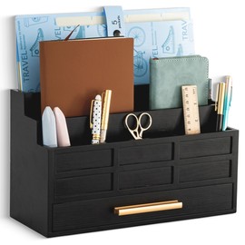 dreampossible Black Wood Desk Organizer and Accessories with Drawer, Bill Mail Organizer and File Mail Holder for Office Supplies, Rustic Desk Accessories & Workspace Organizers for Desk Organization