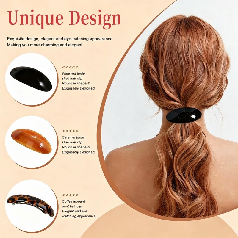 3Pcs French Hair Barrettes, Tortoise & Leopard Acetate Clips