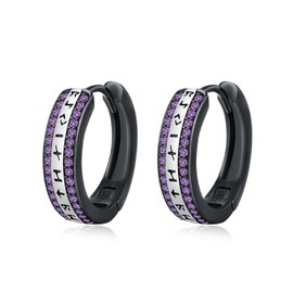 ZIPPICE Unisex Viking Hoop Earrings 925 Sterling Silver Norse Viking Rune Earrings Huggie Hoop Earrings Black Earrings Birthday Jewellery Gifts for Men Women With Purple Zircon