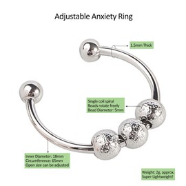 Anxiety Ring for Women Men, Silver Rotate Bead Anxiety Relief Ring - Open Adjustable Fidget Ring, Stress Reliever Spinner Ring | Finger Ring for Anxiety Stress Relieving Jewellery Gifts, Silver
