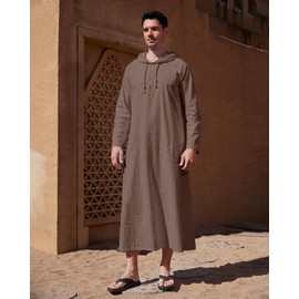 YAOHUOLE Mens Ethnic Kaftan Robes Drawstring Hood Casual Long Sleeve Muslim Thobe Ayaba with Pocket Brown L