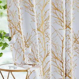 FMFUNCTEX 100% Blackout Curtains for Bedroom, Curtains 63 Inches Length Curtains Branch Gold Foil Tree Branch Curtains for Living Room Darkening, Window Panels for Guest Room Grommet Top 2 Panels