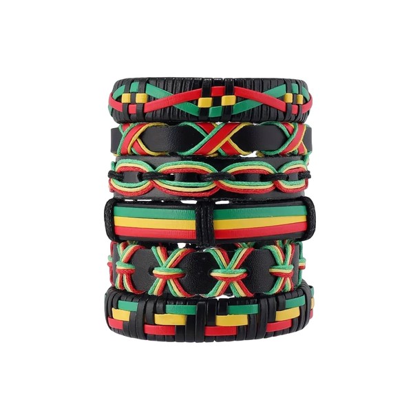 QKEOISUD 6pcs Rastafarian Bracelets,Rasta Adjustable Drawstring Strap Leather Braided Bracelet,