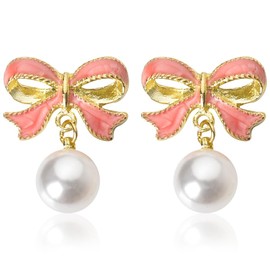 Bow Pearl Dangle Earrings for Women Pink Bow Stud Earrings Elegant Bowknot Drop Earring for Teen Girl Lovely Party Wedding Accessories Ornaments for Women Girls Trendy Statement Earrings