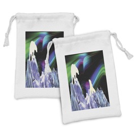 Ambesonne Polar Bear Fabric Pouch Set of 2, Aurora Borealis Mountains of Ice Crystals Psychedelic Nordic Bears Silhouettes, Small Drawstring Bag for Toiletries Masks and Favors, 9" x 6", Multicolor