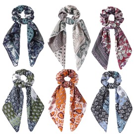 Cutewing Hair Scarf Scrunchie Paisley Scarf Ties Flower Long Tail Scrunchies Large Bow Scrunchie Ribbons Chiffon Ponytail Scarves Fashion Hair Accessories for Women Girls with 6PCS