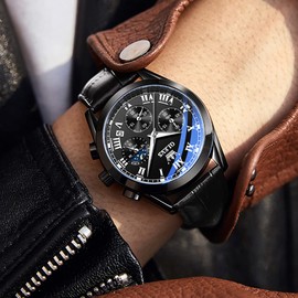 OLEVS Black Watch for Men Chronograph Silver Case Analog Quartz Fashion Business Dress Large Face Men Watch Easy Read Sport Luminous Waterproof Male Wrist Watch Moon Phase