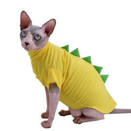 Dinosaur Design Sphynx Hairless Cat Clothes Cute Breathable Summer Cotton Shirts Cat Costume Pet Clothes,Round Collar Kitten T-Shirts with Sleeves, Cats & Small Dogs Apparel (XL (9-12 lbs), Yellow)