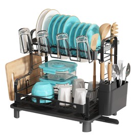 Boosiny Dish Drying Rack, 2 Tier Large Stainless Steel Sink Dish Rack for Kitchen Counter, Drying Rack with Cups Holder, Utensil Holder and Drainboard Set, Dish Strainer Shelf for Kitchen, Black