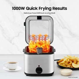 Electric Deep Fryer With Basket & Lid, 1000W Deep Fat Fryers Adjustable Temperature, 2.5 Liter Countertop Small Fryer w/View Window, Stainless Steel, Easy to Clean