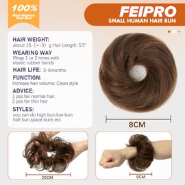 FEIPRO Messy Bun Human Hair Buns Hair Pieces for Women Stretch Scrunchies Hair Bun Piece Secure Low Bun High Ponytail Updo Accessories with Elastic Band Clip-Free Daily Use (16g, s04 Medium Brown)