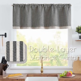 jinchan Linen Stripe Curtain Double Layer Valance for Windows 16 Inch Blackout for Kitchen Living Room Bathroom Rustic Cottage Farmhouse Window Treatment Rod Pocket Design 1 Panel Black on Beige