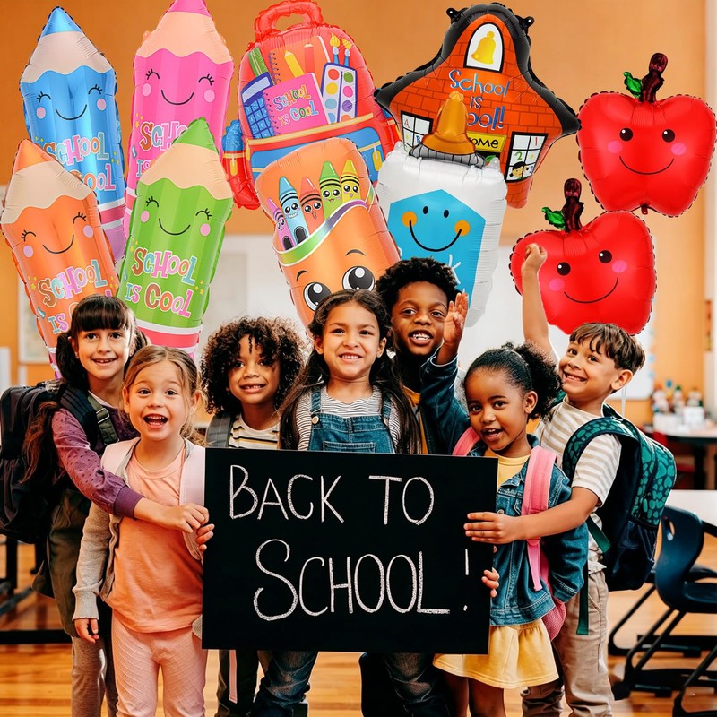 10 Pcs Back to School Balloons with Pencil, Bag, Crayon
