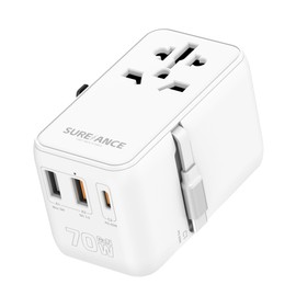 Sureance Universal Travel Adapter 70W, Plug Adapter with One 65W Fast Charging USB C Cable, 1XUSB-C PD & 2XUSB-A QC, Best Gift Travel Essentials with Type A, C, G, I,J,D Outputs for Europe, Spain