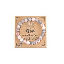 COLORFUL BLING Natural Healing Stone Cross Beaded Strand Adjustable Dangling Bracelet With Meaningful Card Inspirational Religious Faith God for Women Jewelry Gifts Christmas-God Pink