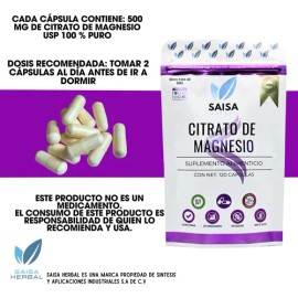 Citrato De Magnesio 2 Bolsas Con 120 Cápsulas De 500 Mg Cu.                                                                                           