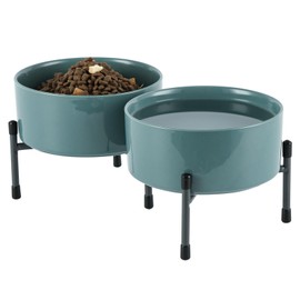 TAMAYKIM 32 oz Ceramic Dog Cat Bowls with Elevated Metal Stand, 6 Inch Porcelain Round Food and Water Bowl Set, Non-Slip Pet Feeder Bowls for Cats & Dogs, Blue Grey, Set of 2