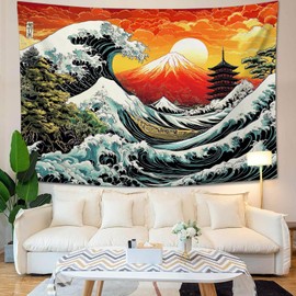 Quorin Ocean Wave Tapestry Japanese Sea Ocean Wave Aesthetic Tapestries Sunset Mountain Hanging Wall Art Decor Home Decoration for Bedroom Living Room Dorm 60"x90"