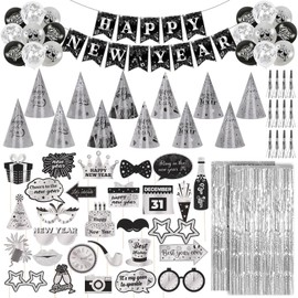 73pcs Black Silver New Years Eve Party supplies Including New Years Hats Happy New Year banner Photo Props Fringe Curtain Backdrop Noisemaker Balloons for New Year's Eve Party NYE Decorations 2026