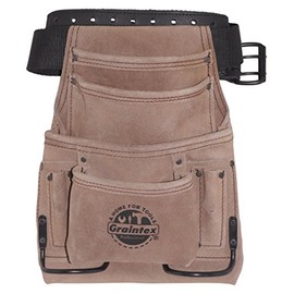 Graintex SS2270 10 Pocket Nail & Tool Pouch Beige Color Suede Leather with 2” Leather/Webbing Belt for Constructors, Electricians, Plumbers, Handymen