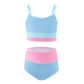 Haloumoning - Conjunto de bikini para niñas, correas ajustables, dos piezas, bloque de color, traje de baño con almohadilla para el pecho, 5-14 años, Azul-cielo, 5-6 Años